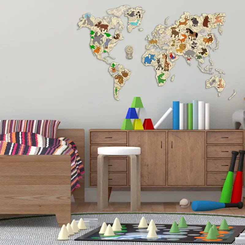 Puzzle 3D en Bois Carte du Monde Animaux L 7