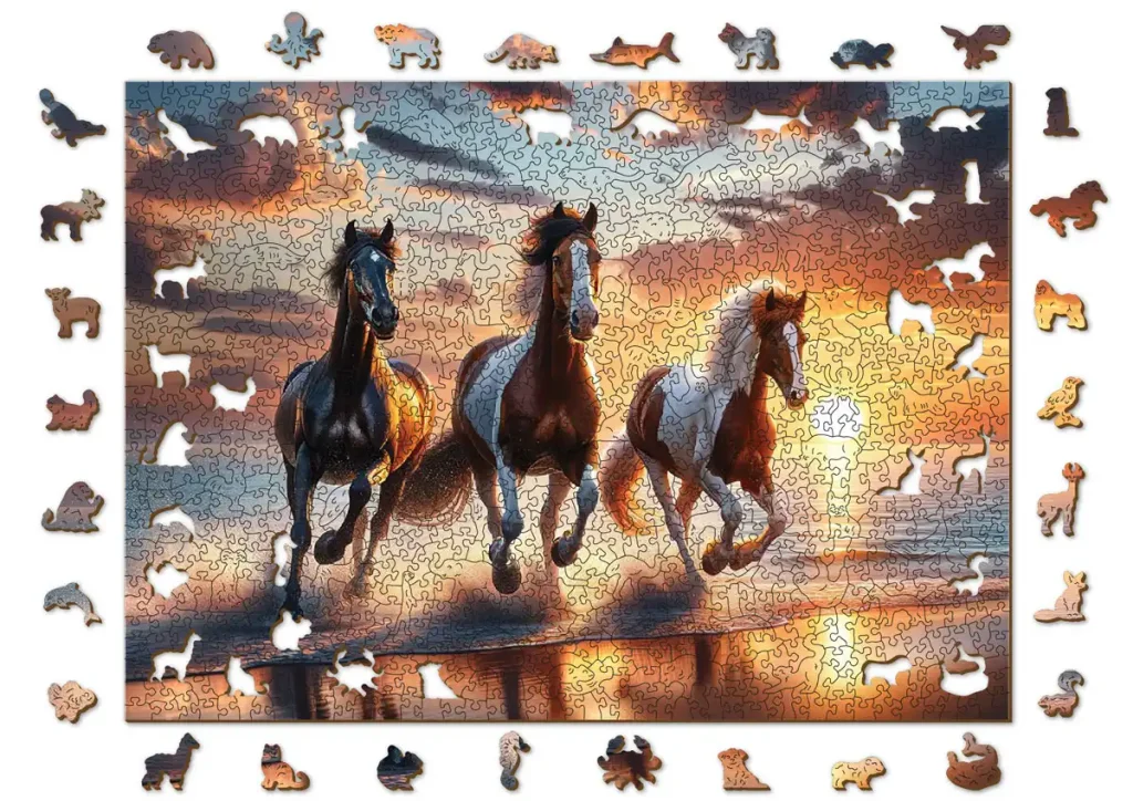 Dzikie konie na plaży 1000 Drewniany Puzzle Opis 5