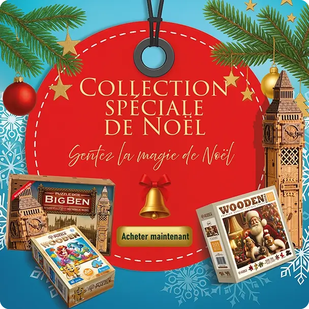 Bannière Joyeux Noël avec modèle en bois 3D et puzzle en bois